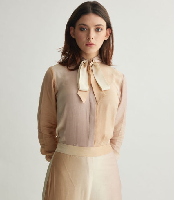 OFF WHITE & BEIGE OMBRE PRINT BOW SHIRT - Image 3