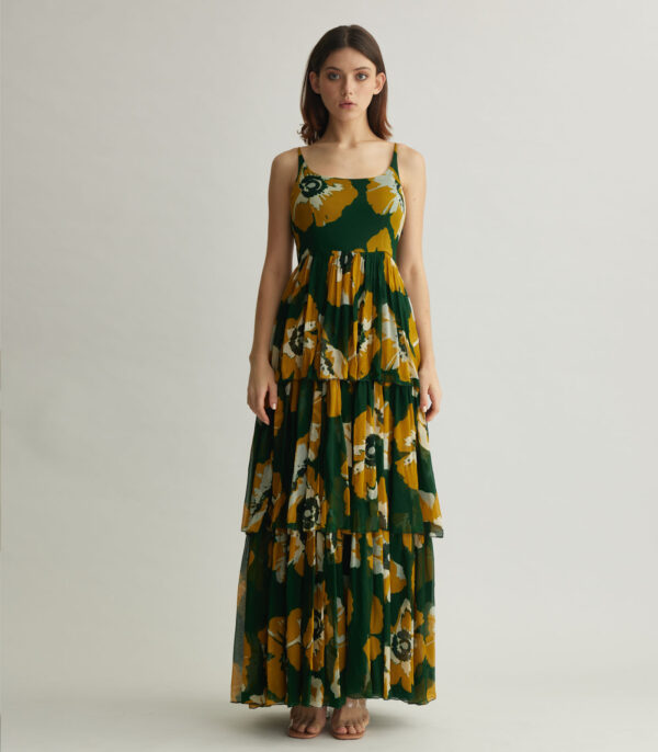 GREEN AND MUSTARD FLORAL SLEEVELESS LONG DRESS
