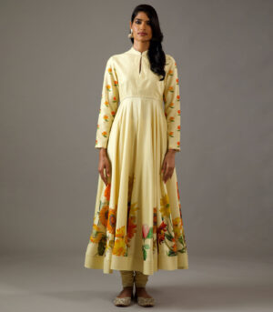 Chanderi silk lemon yellow printed anarkali set