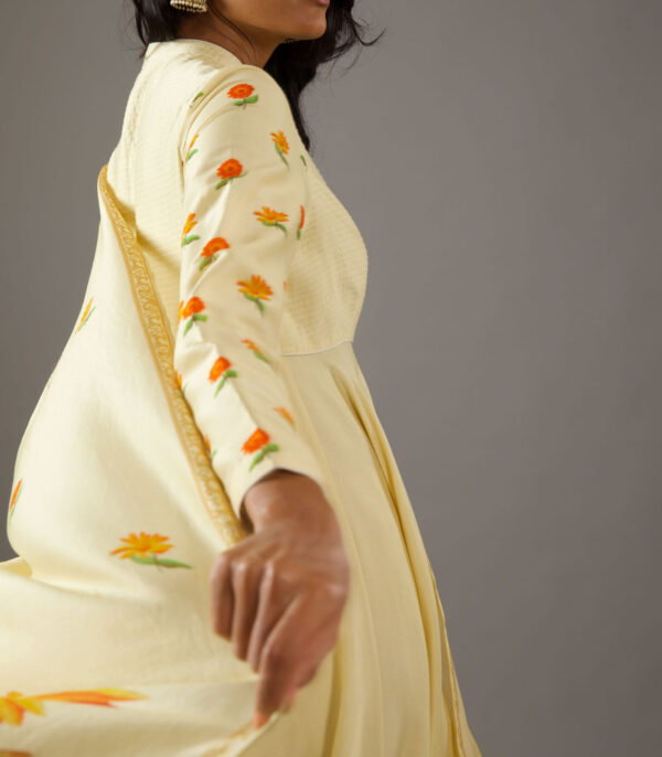 Chanderi silk lemon yellow printed anarkali set - Image 3
