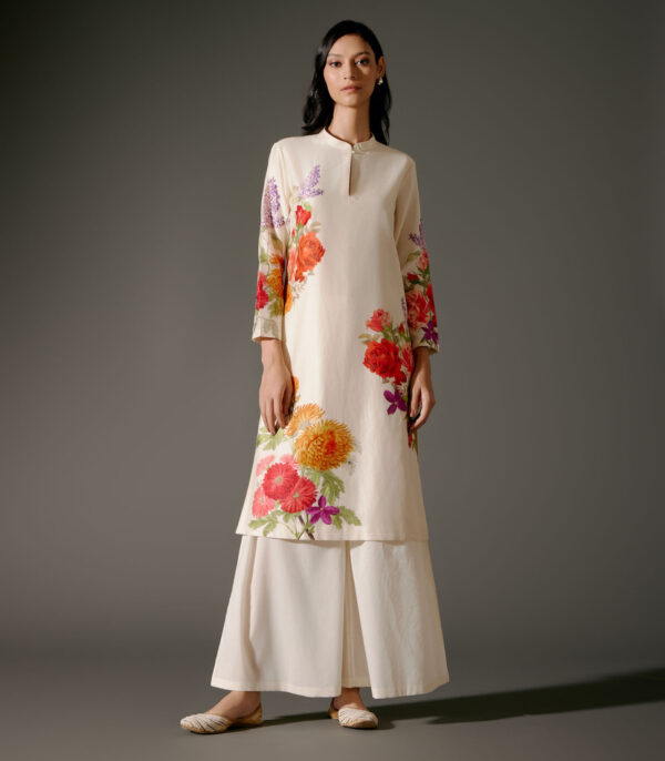 Chanderi Tunic Set with Abstract Print and Voile Pant