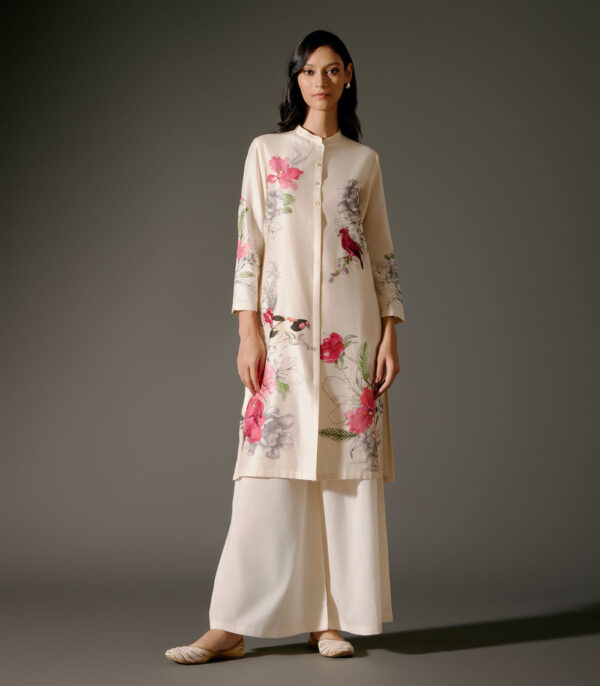 Chanderi Tunic Set with Abstract Print and Voile Pant