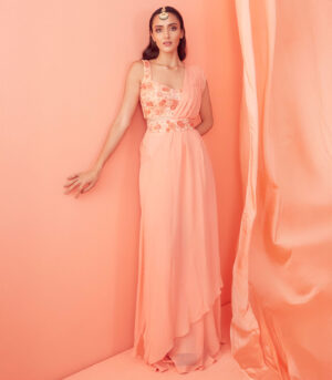 Peach Floral Applique Work Saree With Pants