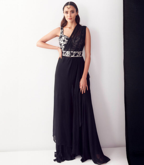 Black & White Applique Work Pre-Draped Saree