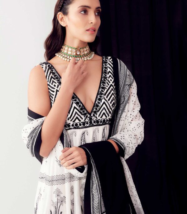 Black & White Hand Block Printed Anarkali Set - Image 2