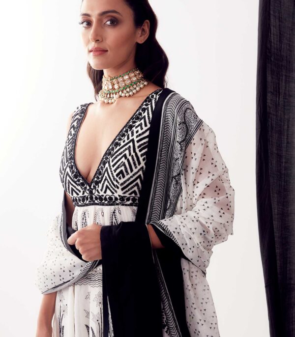 Black & White Hand Block Printed Anarkali Set - Image 4