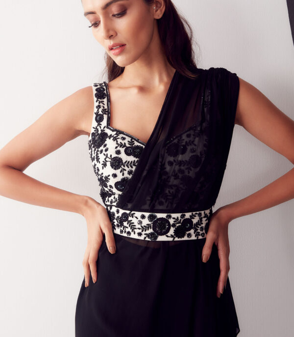 Black & White Applique Work Pre-Draped Saree - Image 3