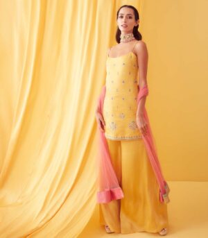 Canary Yellow Mughal Motifs Sharara Set