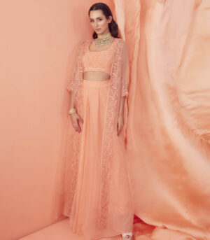 Peach Applique Organza Jacket Set