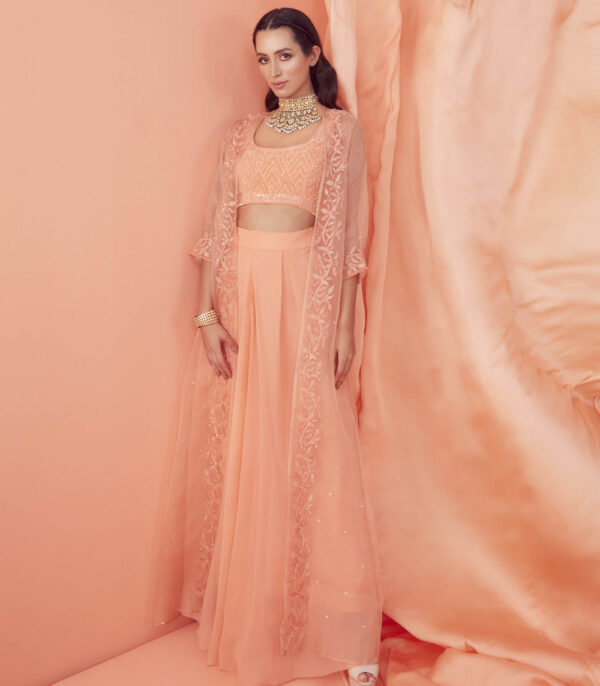 Peach Applique Organza Jacket Set