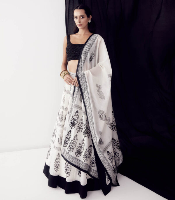 Black & White Block Printed Lehenga