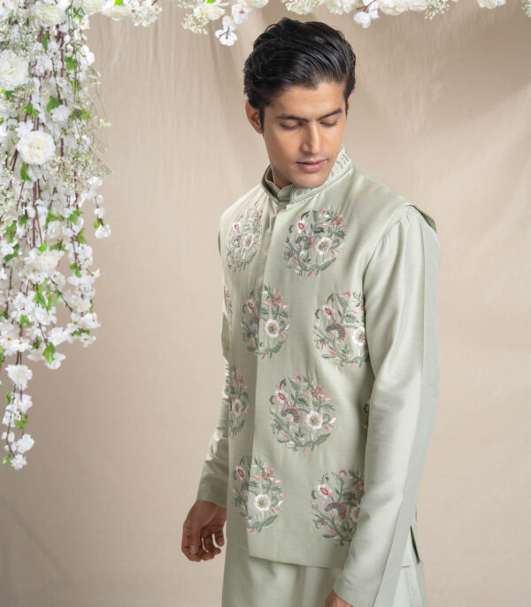 Olive Bundi Kurta Set With Floral Motifs - Image 4