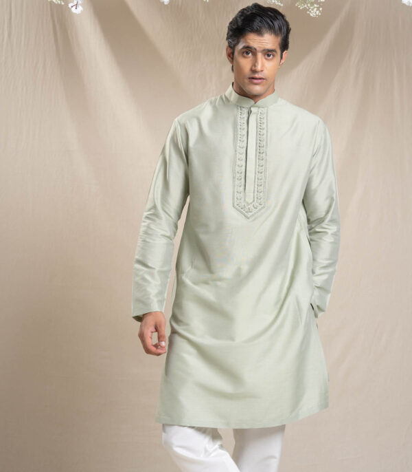 Olive Bundi Kurta Set With Floral Motifs - Image 3