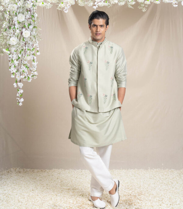 Olive Bundi Kurta Set With All Over Floral Motifs