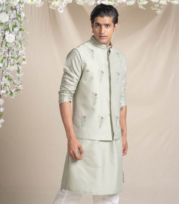 Olive Bundi Kurta Set With All Over Floral Motifs - Image 3
