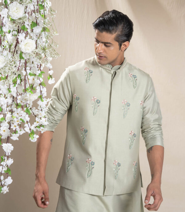 Olive Bundi Kurta Set With All Over Floral Motifs - Image 4