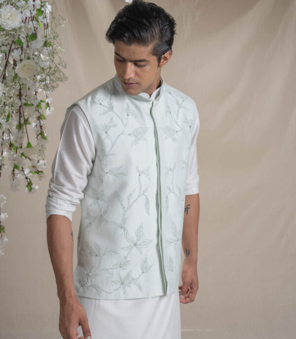 Ice Blue Tonal Embroidery Kurta Bundi Set - Image 3