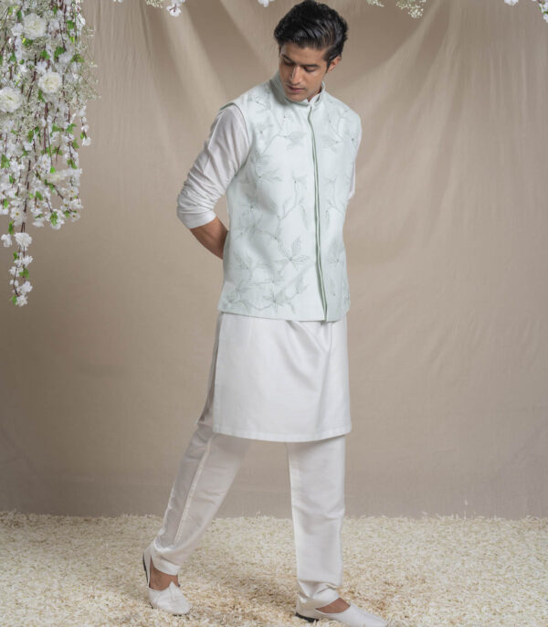 Ice Blue Tonal Embroidery Kurta Bundi Set