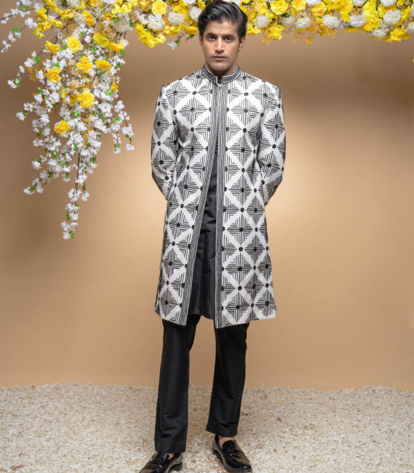 Ivory And Black Indo Western Jacket Set With Kurta Set