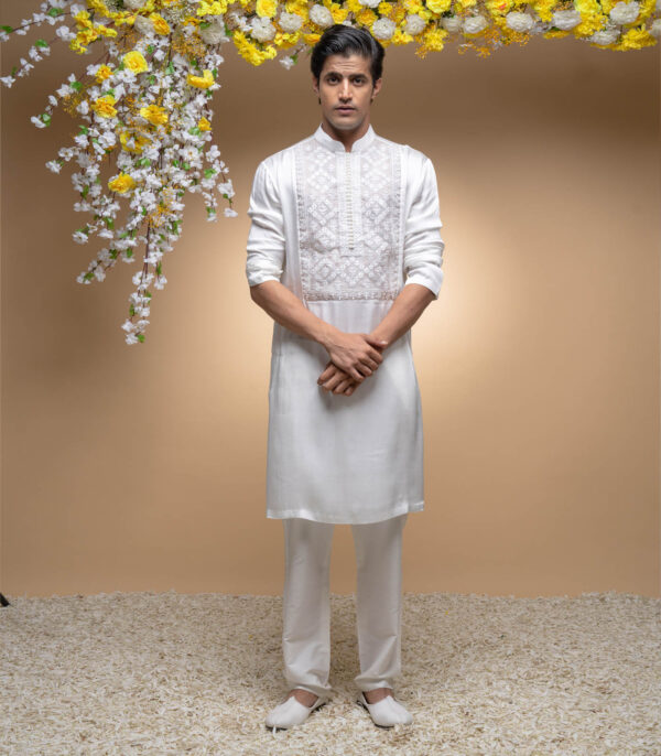 Ivory Kurta Set With Embroidery On Organza Yoke