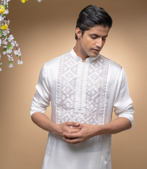 Ivory Kurta Set With Embroidery On Organza Yoke - Image 3