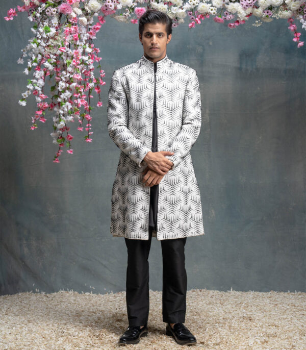 Ivory And Black 3D  Embroidered Jacket With Kurta Set