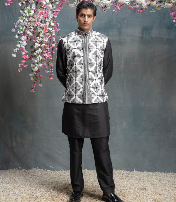 Ivory And Black Geometric Embroidered Bundi With Kurta Set