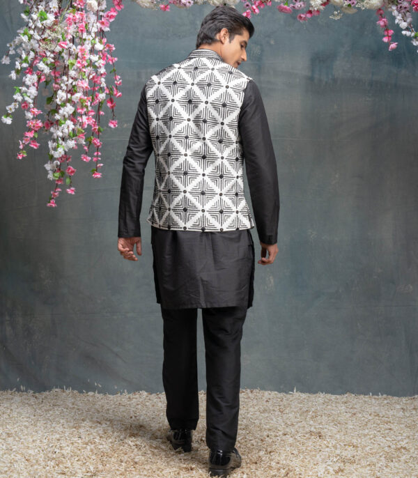 Ivory And Black Geometric Embroidered Bundi With Kurta Set - Image 2