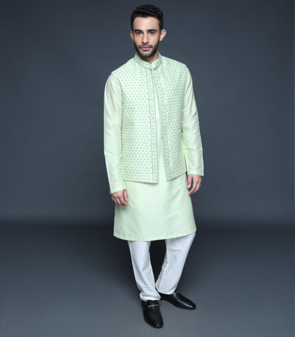 Charcoal Grey Hand Block Print Bundi Jacket Kurta Set - Image 2
