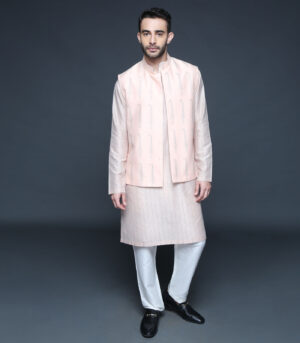 Peach Hand Block Printed Bundi Jacket Kurta Set