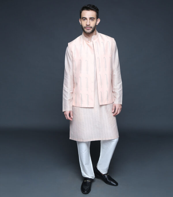 Peach Hand Block Printed Bundi Jacket Kurta Set