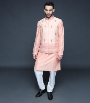 Peach Hand Block Printed Motif Bundi Kurta Set