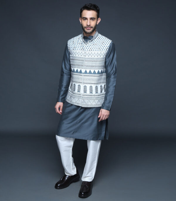 Ivory & Grey Hand Block Printed Embroidered Bundi Kurta Set - Image 2