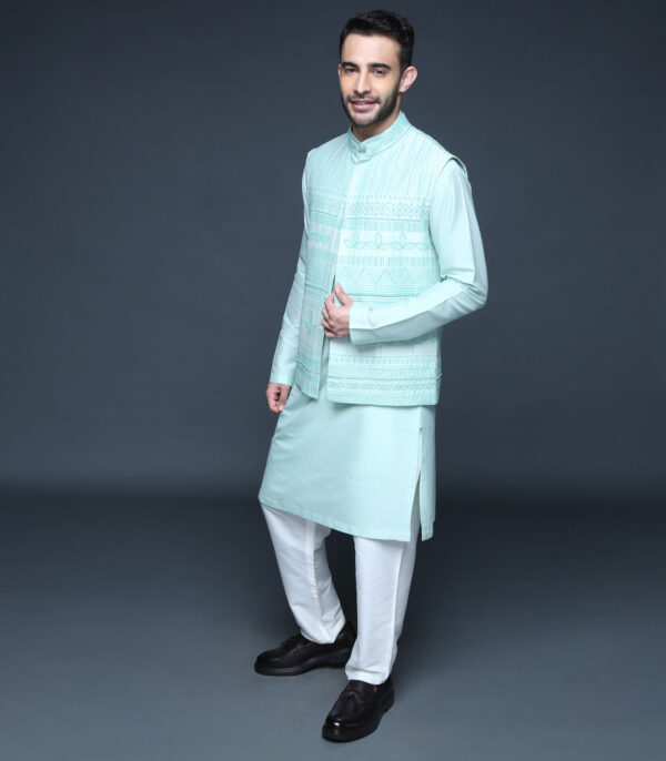 Sea Green Hand Block Printed Embroidered Bundi Kurta Set - Image 2