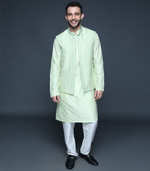 Charcoal Grey Hand Block Print Bundi Jacket Kurta Set