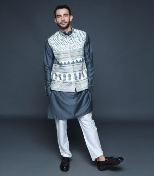 Ivory & Grey Hand Block Printed Embroidered Bundi Kurta Set