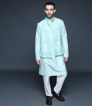 Sea Green Hand Block Printed Embroidered Bundi Kurta Set