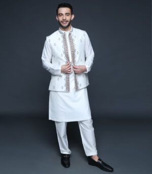 Ivory Geometric Embroidered Bundi Kurta Set