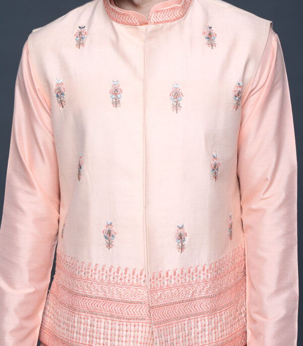 Peach Hand Block Printed Motif Bundi Kurta Set - Image 3