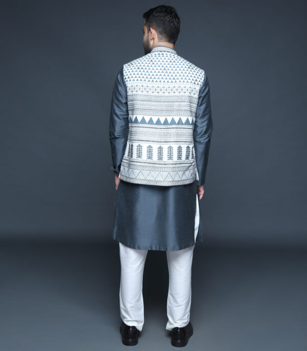 Ivory & Grey Hand Block Printed Embroidered Bundi Kurta Set - Image 3