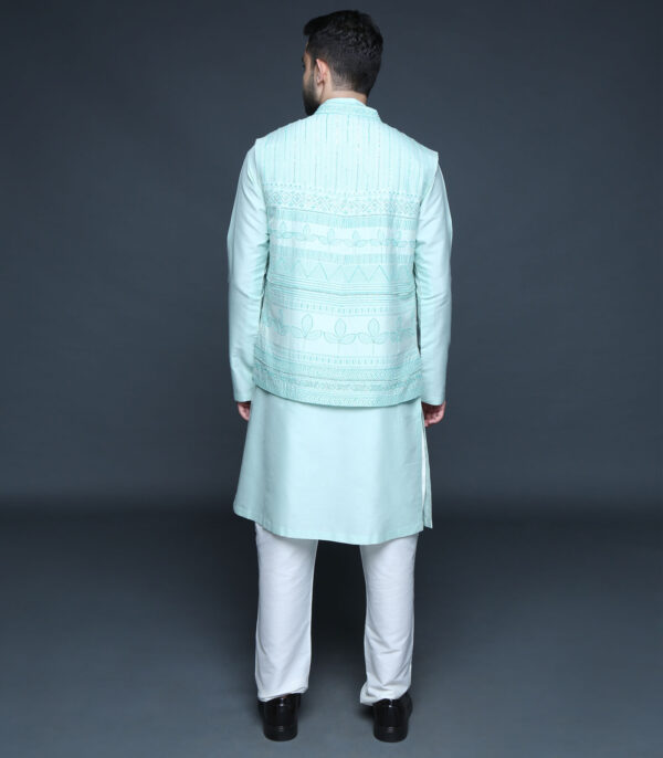 Sea Green Hand Block Printed Embroidered Bundi Kurta Set - Image 3