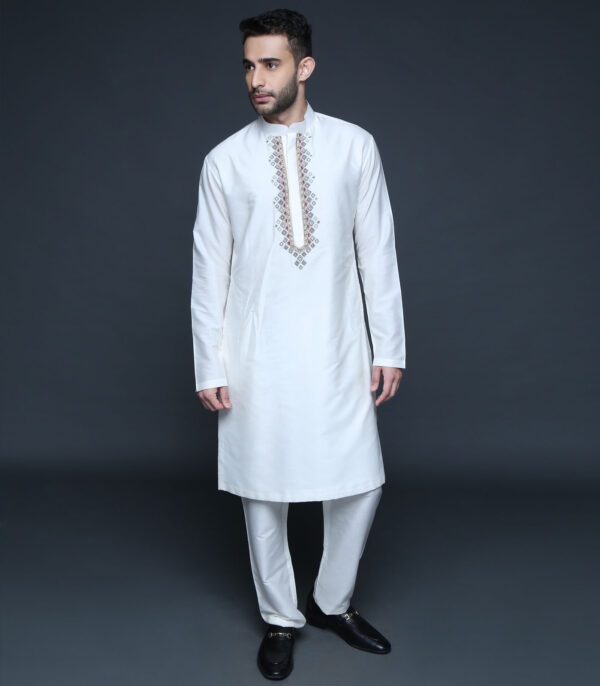 Ivory Geometric Embroidered Bundi Kurta Set - Image 4