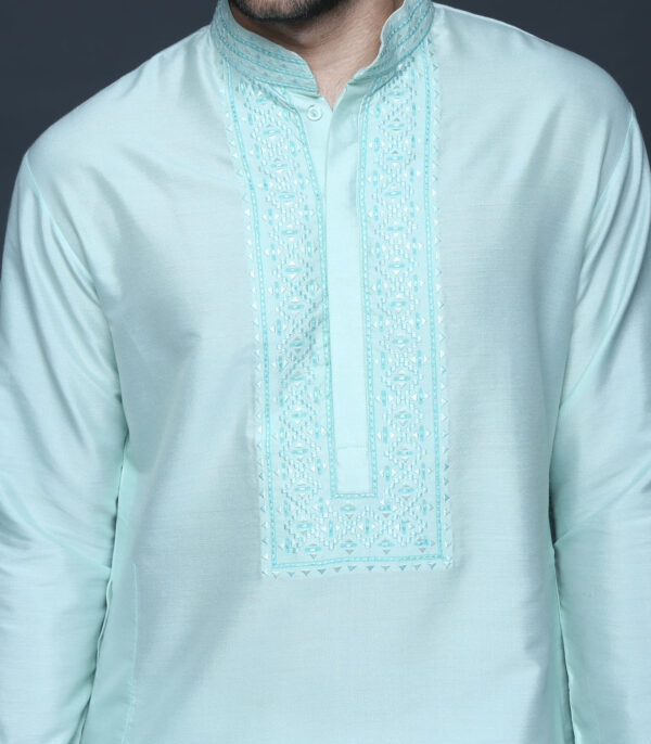 Sea Green Hand Block Printed Embroidered Bundi Kurta Set - Image 4