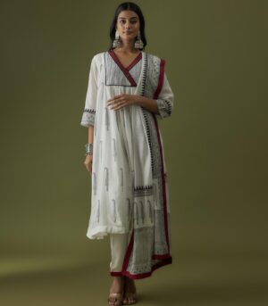 Hand Block Printed Overlap Yoke and Embroidered Kurta Set