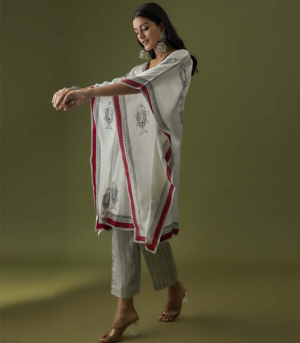 Ivory Contemporary Hand Block Printed Kaftan Set - Image 3