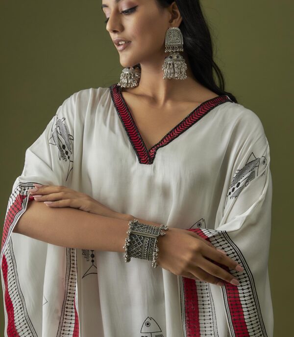 Ivory Contemporary Hand Block Printed Kaftan Set - Image 4