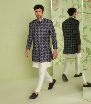 Navy Blue Indo Western Jacket Set with Jamdani Kurta