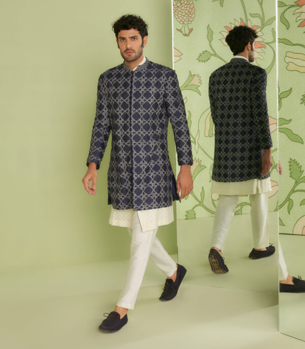 Navy Blue Indo Western Jacket Set with Jamdani Kurta