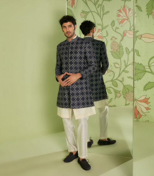 Navy Blue Indo Western Jacket Set with Jamdani Kurta - Image 3