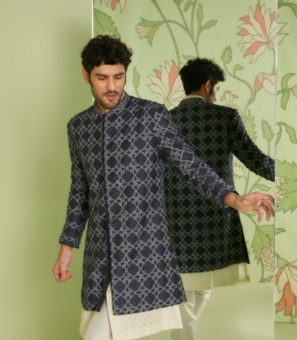 Navy Blue Indo Western Jacket Set with Jamdani Kurta - Image 4